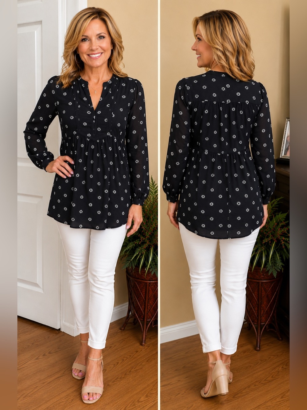 LOFT Petite Black Print Peasant Blouse | Petite Small | Long Sleeve Boho Top